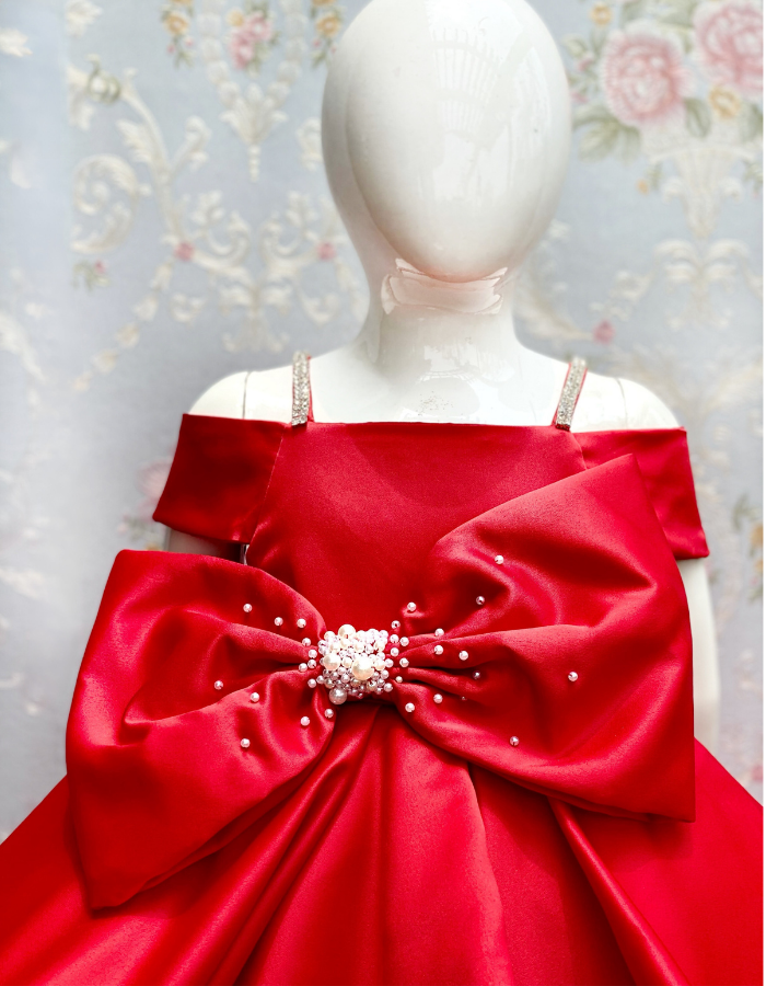 Iona Midi Length Bow Kids Gown with Pearls