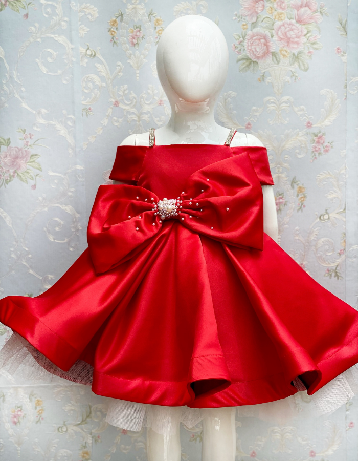 Iona Midi Length Bow Kids Gown with Pearls