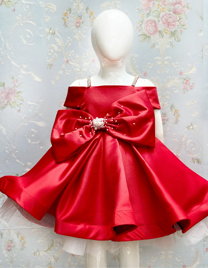 Iona Midi Length Bow Kids Gown with Pearls