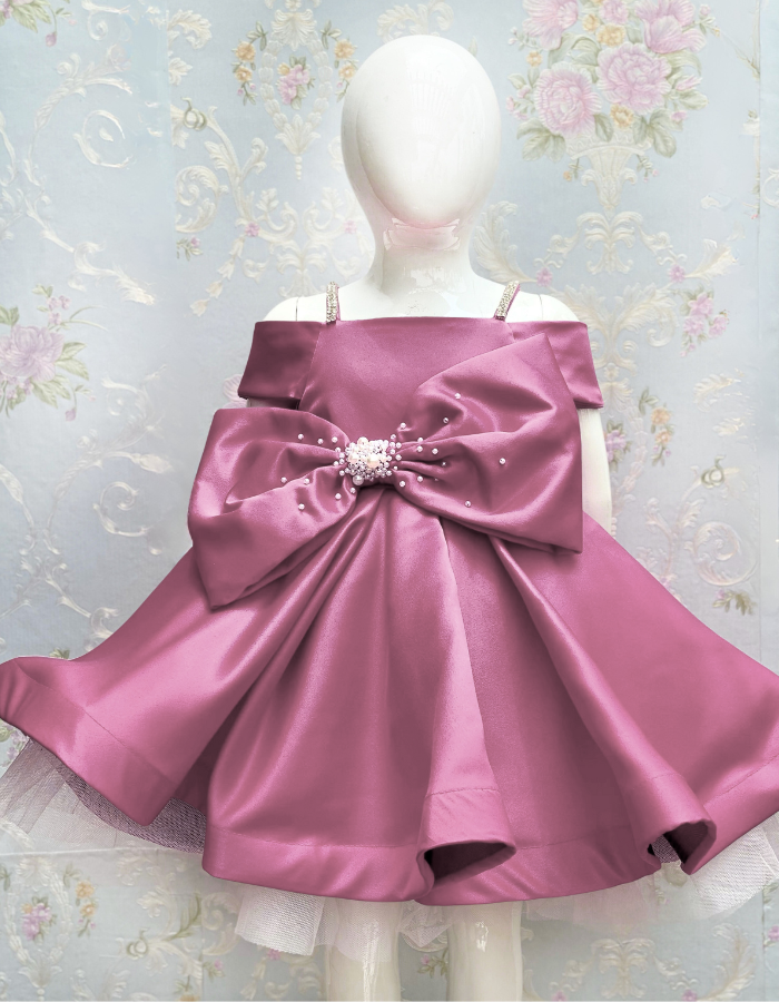 Iona Midi Length Bow Kids Gown with Pearls