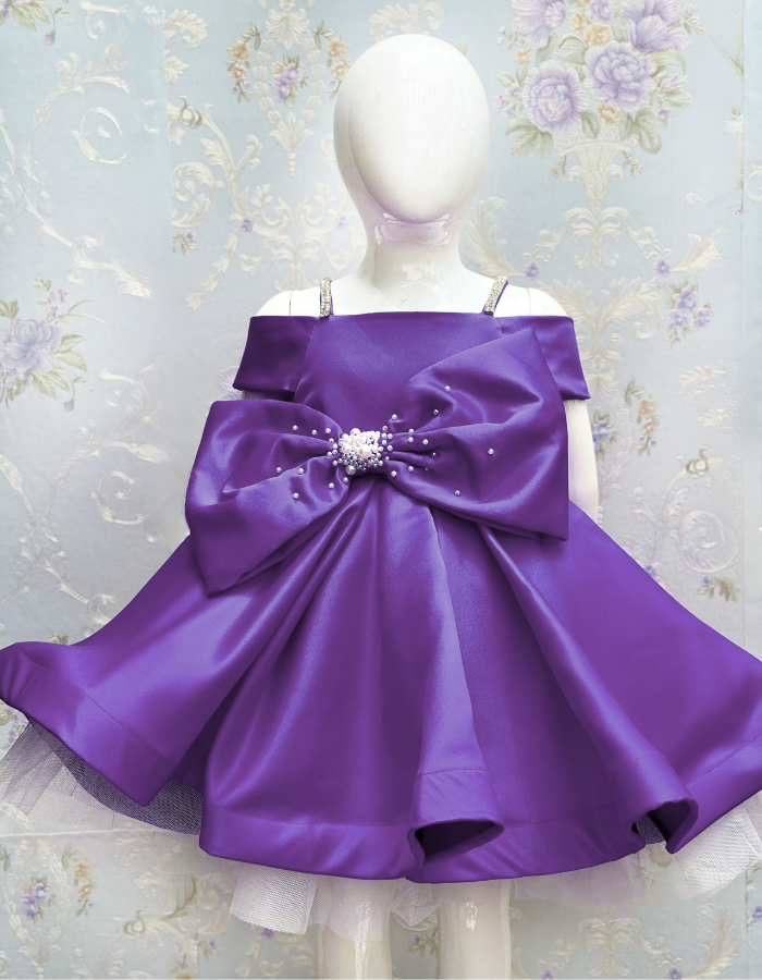 Iona Midi Length Bow Kids Gown with Pearls