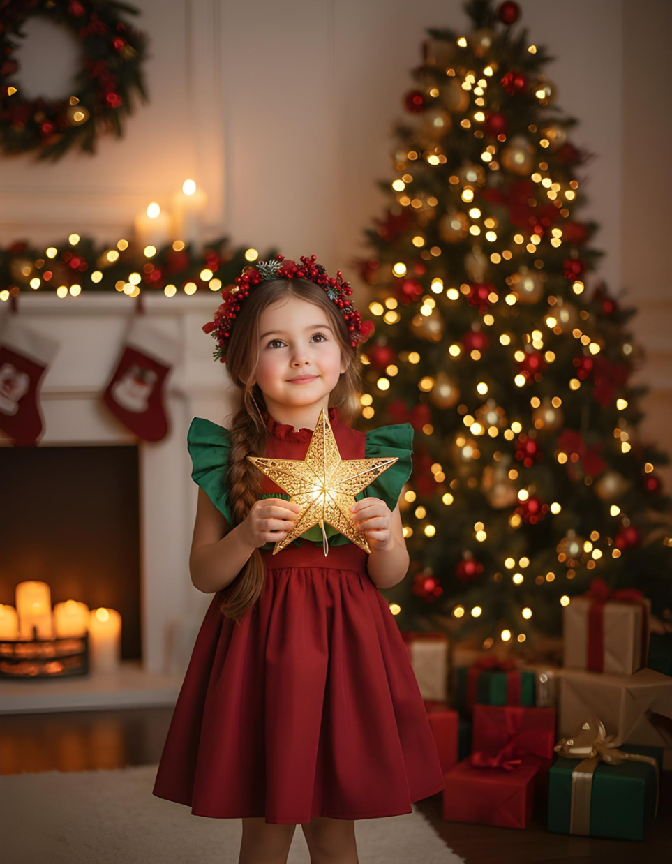 Agathe' Holiday Theme Red & Green Ruffle Vintage Kids Dress