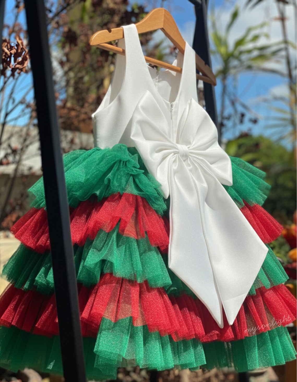 Alexandria Holiday Kids Bow Dress with Green & Red Tulle
